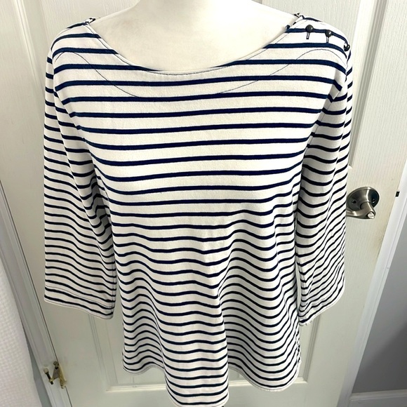 Gap Navy/White Striped Top Boatneck Buttons on Shoulder 3/4 Sleeves Cotton Sz XL - Picture 3 of 14